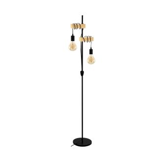 Loops Standing Floor Lamp Light Black Base & Twin Wood Hangman 2 x 10W E27 Bulb