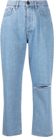 3x1 Straight-leg cropped jeans met ripped details - Dames - Jeans - Blauw - Maat: W28 Katoen