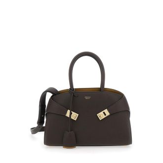 Ferragamo Shoulder Bag Hug Small With Logo Lettering And Gancini Buckles On The Front Brown Leather For Women Calf Hand