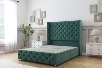 Sloomy Luthor Plush Divan Base No Drawers - 54 Wingback & 12 Footboard in Emerald | Size: Double
