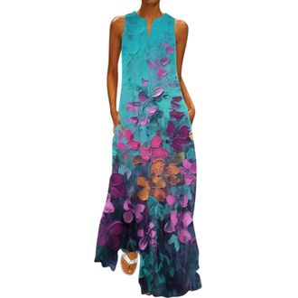Generic Summer Dress Womens Elegant A Line Boho Maxi Dresses Womens Festive Floral Print Ball Dresses V-Neck Sleeveless Vest Dress Vintage Loose Casual Dress 