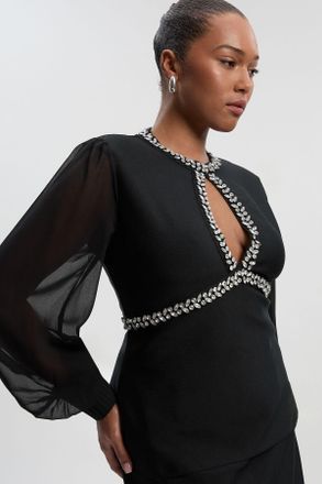 Karen Millen Womens Plus Size Bandage Embellished And Chiffon Sleeve Figure Form Knit Top - Black - Size 3XL