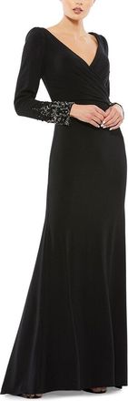 Mac Duggal Beaded Cuff Long Sleeve Wrap Over Trumpet Gown