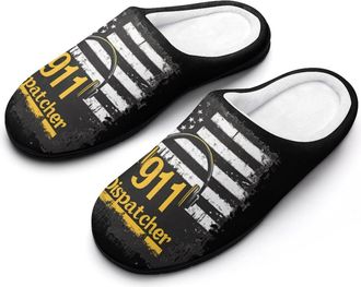 Generic 911 Dispatcher U.S. Flag Mens House Slippers Memory Foam Washable Cotton Slip on Home Shoes