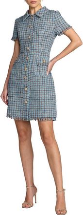 Mac Duggal Collared Tweed Mini Dress With Fringe Trim in Blue Multi at Nordstrom, Size 12