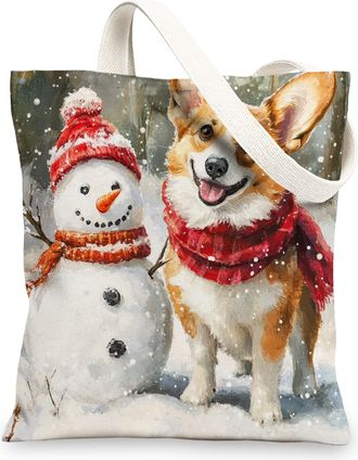 Generic Winter Christmas Corgi Dog Canvas Tote Bag for Shopping 13x15, Snowman Xmas Puppy Pet Reusable Grocery Print Bag for Women Men, Holiday Aesthetic Pain