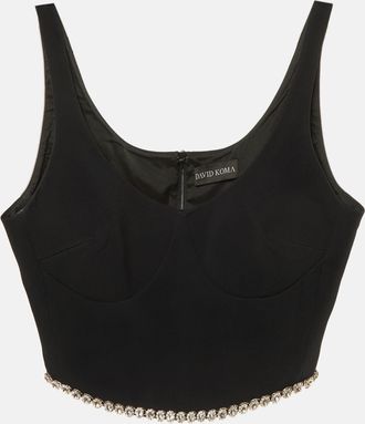 DAVID KOMA Black Crepe Crystal Embellished Crop Top