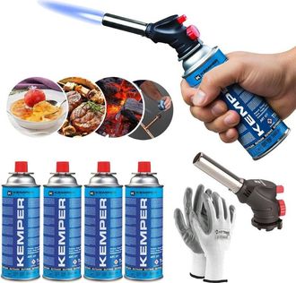 Kemper Kit Soplete De Gas Piezo Con 4 Cartuchos Butano Kemper 190g + 1 Pares De Guantes De Regalo Soldadura, Cocina, Camping, Reparaciones, Llama Ajustable, 