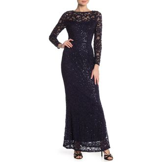 Marina Rossini Sequin Lace Long Sleeve Gown in Nvy at Nordstrom Rack, Size Medium