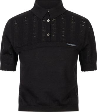 Marni Pointelle Poloshirt met korte mouwen - Dames - Polos - Zwart - 2XS - Wol - Tops