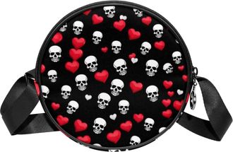 Generic Circle Crossbody Bag for Women, Skulls Flowers Small Sling Bag Daypack with Zipper Adjustable Shoulder Straps Casual Ladies Girls Round Purse