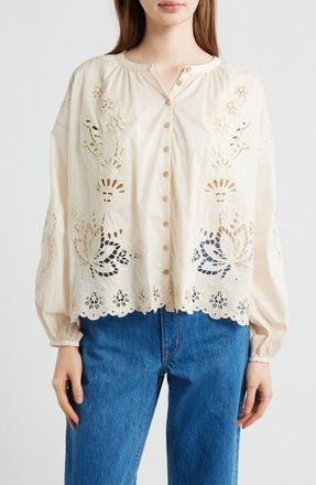 Farm Rio Artisanal Embroidered Eyelet Cotton Button-Up Shirt in Light Pink at Nordstrom, Size Xx-Small