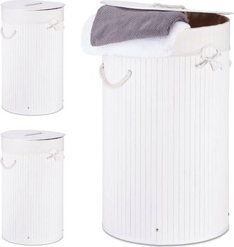 Relaxdays 3 Cestos Ropa Sucia Con Tapa, Redondo, Cubo Colada, Canasta Plegable, Bamb&uacute;, 70 L, &Oslash; 41 Cm, Blanco
