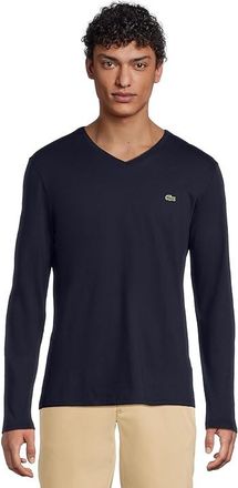 Lacoste Long Sleeve Pima Jersey V-Neck T-Shirt Mens T Shirt Navy Blue : 7 (2XL), Cotton/Jersey