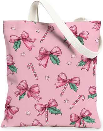 Generic Christmas Bows Canvas Tote Bags, Holiday Ribbon Print Reusable Shopping Bags, Vintage Floral Lightweight Washable Shoulder, Peach, 13x15 Inch