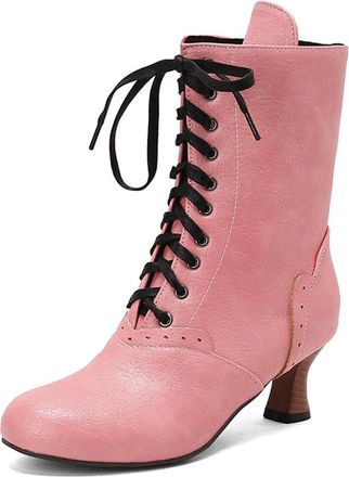 Generic Eestfy Womens Victorian Style Mid Calf Leather Lace Up Boots Kitten Heel Steampunk Party Dress Boots,Pink,4.5 UK