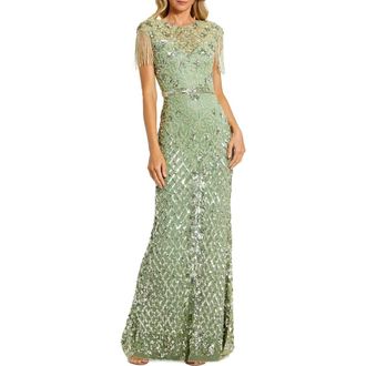 Mac Duggal Petite Beaded Fringe High-Neck Fitted Evening Gown in Sage at Nordstrom, Size 10P