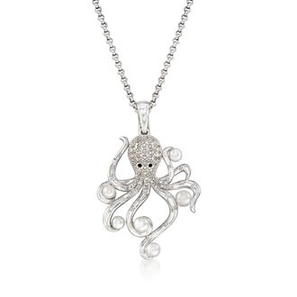 Ross-Simons 3.5-4.5mm Cultured Pearl and. Diamond Octopus Pendant Necklace in Sterling Silver