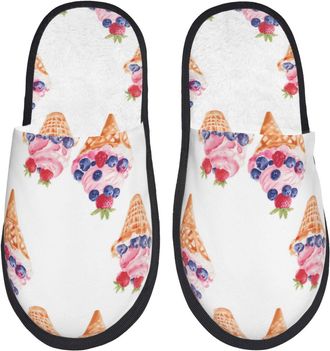 Generic Fleece Slippers Ice Cream Strawberry Blueberry Breathable Plush Slippers Non-Slip Anti-Slide Slipper For Winter Travel Hotel L