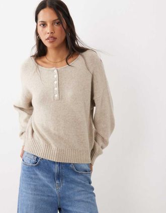 Abercrombie & Fitch cardigan maglione henley lavorato a maglia marrone chiaro