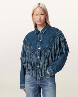 AllSaints Cotton Marlene Westen Tassel Denim Jacket, Size: UK 14/US 10