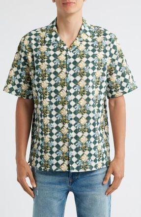 Wax London Didicot Geo Print Cotton Seersucker Camp Shirt in Green /Blue at Nordstrom Rack, Size Xx-Large