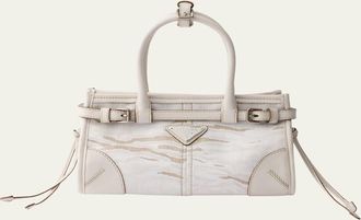Prada Bonnie Small Printed Linen & Leather Top-Handle Bag