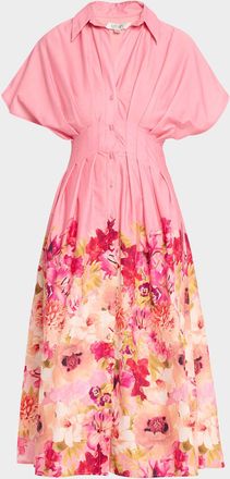 Badgley Mischka Pleated Floral-Print Midi Shirtdress