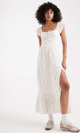 Hollister Vestito midi stile milkmaid bianco a fiori con spalle scoperte