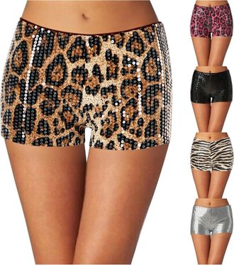 Generic Leopard Print Shorts, Leopard Print Sparkly Mini Shorts, Womens High Waist Hot Pants, Night Going Out Bottoms for Festival Dance Party