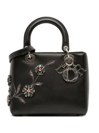 Dior Borsa a tracolla Lady Dior media in pelle di agnello floreale con perline 2014 - Nero