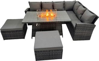 Fimous Outdoor Furniture Garden Dining Set Rattan Corner Sofa Set Gas Fire Pit Table with Temper Glass 2 Big Footstools Dark Grey Mixed - Fimous