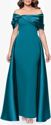 Betsy & Adam Off the Shoulder Cape Detail Gown in Teal at Nordstrom, Size 16