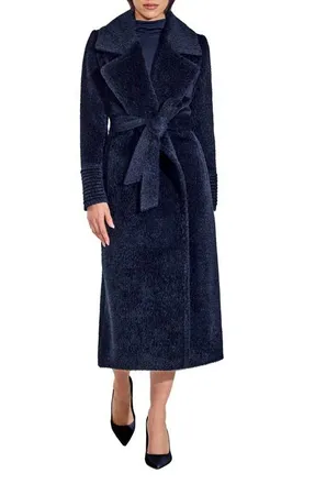 Sentaler Wool & Alpaca Blend Boucl&eacute; Wrap Coat in Midnight Blue at Nordstrom, Size X-Large
