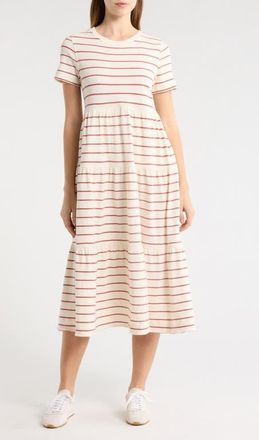 Marine Layer Luxe Stripe Tiered Sueded Cotton Dress in Withered Rose Stripe at Nordstrom, Size X-Large