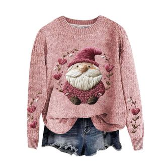 Generic Womens Xmas Jumper Santa Claus Striped Sweaters Elk Jumpers Wine Glass Loose Sweatshirts Fair Isle Cable Knit Long Sleeve Sweater Lightweight Ladies C