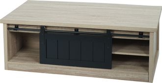 Hhg Mesa De Centro Hhg 633, Mesa Auxiliar De Sal&oacute;n, Puerta Corredera 6 Compartimentos, Metal Imitaci&oacute;n Madera 44x120x60cm, Color Natural