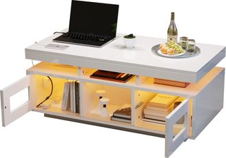 STILVORA Mesa De Centro Con 2 Puertas, 2 Huecos Y Led Rgb, Con Enchufe Ue Y Usb, Blanco Brillo, De Tablero De Part&iacute;culas, 100&times;50&times;43 Cm