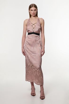 Karen Millen Womens Amelia Graham Burnout Lace Up Detail Woven Column Dress - Pink - Size 16 UK