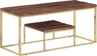 vidaXL Mesa De Centro Acero Inoxidable Madera Maciza Traviesa Dorado Vidaxl