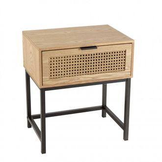Macabane Mesa de noche con 1 caj&oacute;n rejilla natural y patas de metal negro