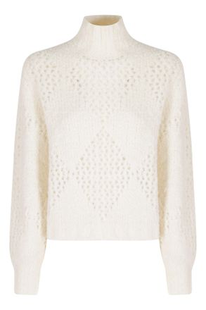 Ballantyne White Openwork Mid-Neck Alpaca-Blend Pullover Sweater