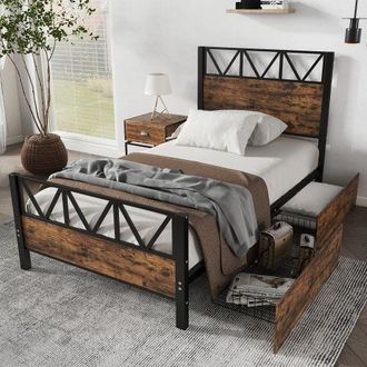 Matteo Metal Bed, 3FT Single Bed With 2 Drawerss, Durable & Sturdy in Black | Size: Double