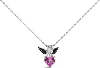 House of Brilliance Sterling Silver Diamond Accent & Created Pink Sapphire Angel Heart Pendant Necklace