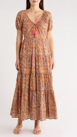Maisie Short Sleeve Tiered Cotton Midi Dress in Pink/Turquoise at Nordstrom Rack, Size X-Small