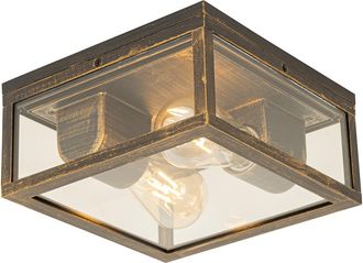 QAZQA Qazqa Industrial Plaf&oacute;n Vintage Oro Antiguo Ip44 2 Luces - Charlois Aluminio /vidrio Cuadrada Adecuado Para Led Max. 2 X 40 Watt