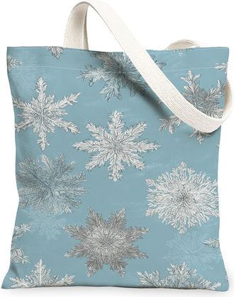 Generic Snowflake Pattern Canvas Tote Bags, Lightweight Washable Reusable Grocery Bags, Winter Vintage Elegant Shoulder Strap, Blue, 13x15 Inch