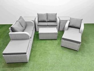 Fimous High Back Poly Rattan Garden Furniture Set w/ Reclining Chair Loveseat Sofa Rectangular Coffee Table Indoor Outdoor Patio Set 2 Big Stool 2