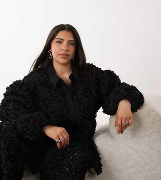 Asos Curve - Camicia da mare nera con fiori 3D-Nero