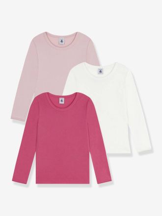 Petit Bateau Lot 3 tee-shirts fille en coton manches longues rose